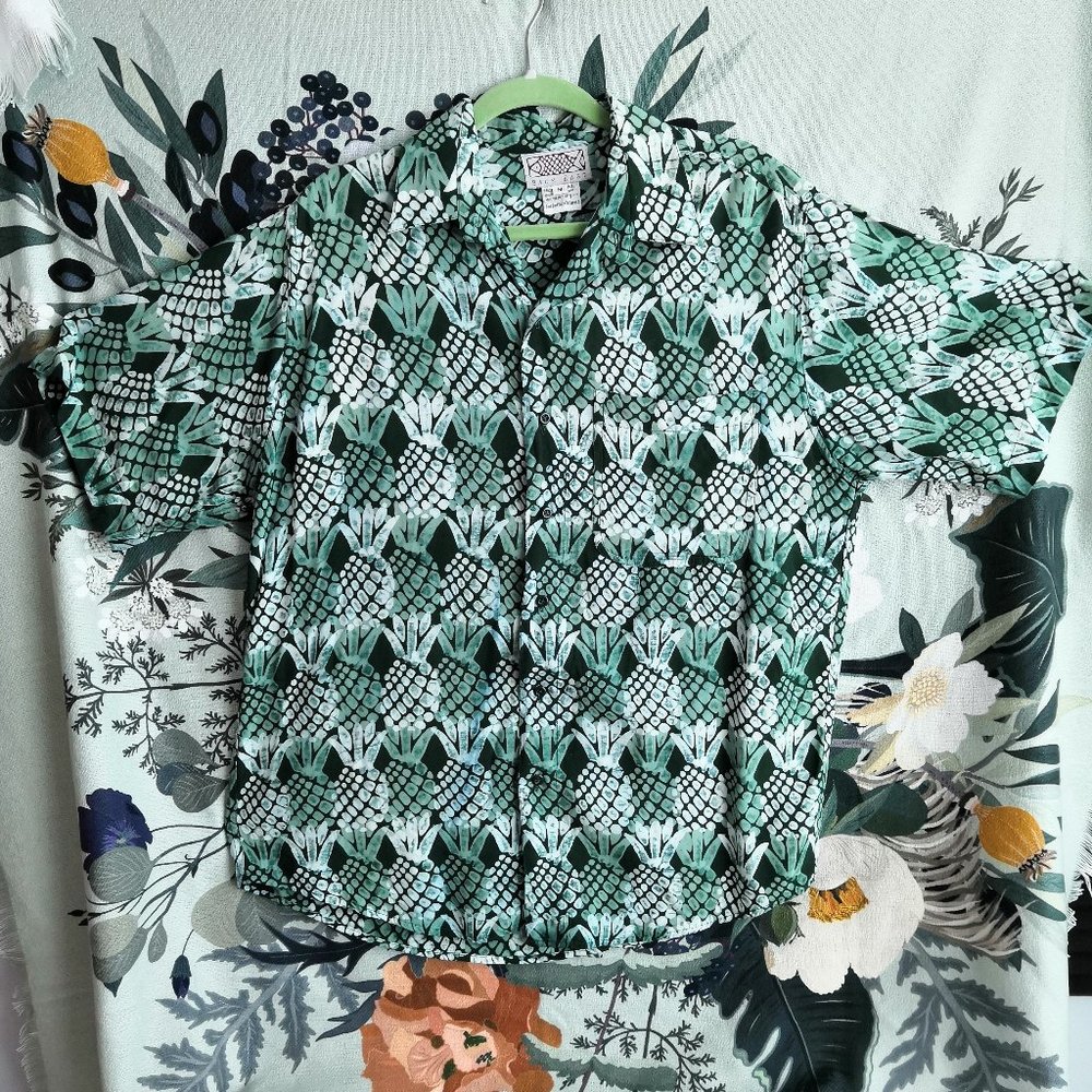Vtg Back East Men’s Green Tropical Pineapple Hawaiian Shirt Green Rayon Size M